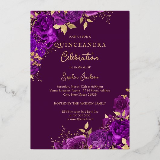 Paarse Gouden Bloemen Roos Quinceanera Folie Uitnodiging (Achterkant)