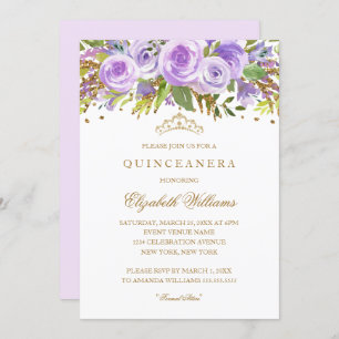 Paarse Gouden Bloemen Roos Quinceanera Invitation Kaart