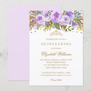 Paarse Gouden Bloemen Roos Quinceanera Uitnodiging