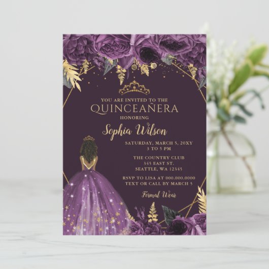 Paarse Gouden Bloemen Tan Prinses Quinceañera Kaart (Staand voorkant)