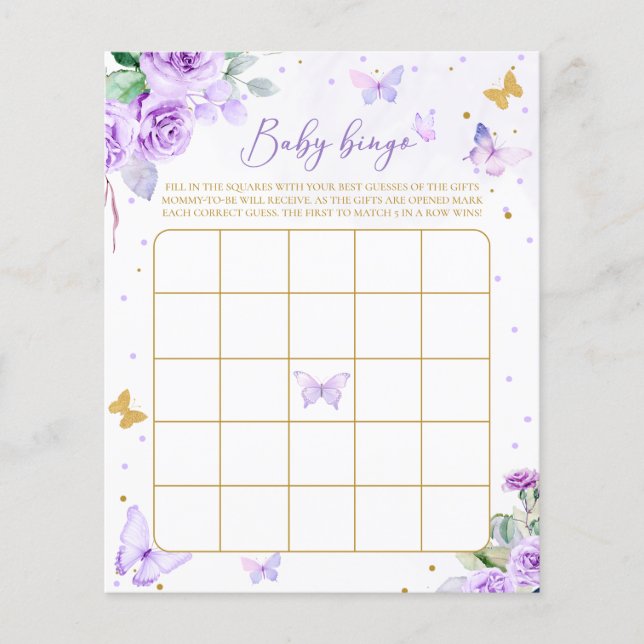 Paarse Gouden Bloemen Vlinder Baby Bingo Spel (Voorkant)