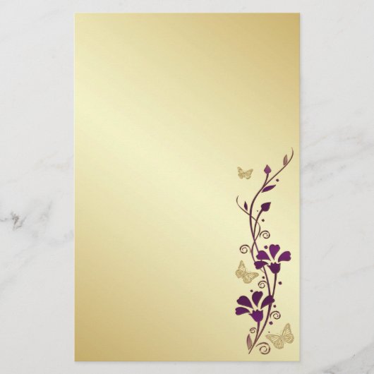 Paarse, gouden bloemen vlinders bruiloft briefpapi briefpapier (Voorkant)