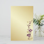 Paarse, gouden bloemen vlinders bruiloft briefpapi briefpapier (Staand voorkant)
