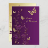 Paarse, gouden bloemen, vlinders bruiloft uitnodig kaart (Voorkant / Achterkant)
