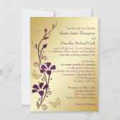Paarse, gouden bloemen, vlinders bruiloft uitnodig kaart (Achterkant)