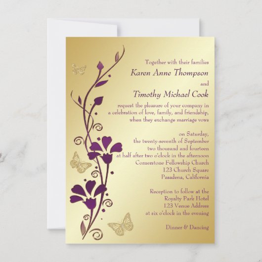 Paarse, gouden bloemen, vlinders bruiloft uitnodig kaart (Achterkant)