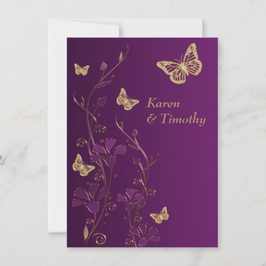 Paarse, gouden bloemen, vlinders bruiloft uitnodig kaart (Voorkant)