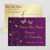 Paarse, Gouden Bloemen, Vlinders Sla de Datum op Aankondigingskaart (Voorkant / Achterkant)