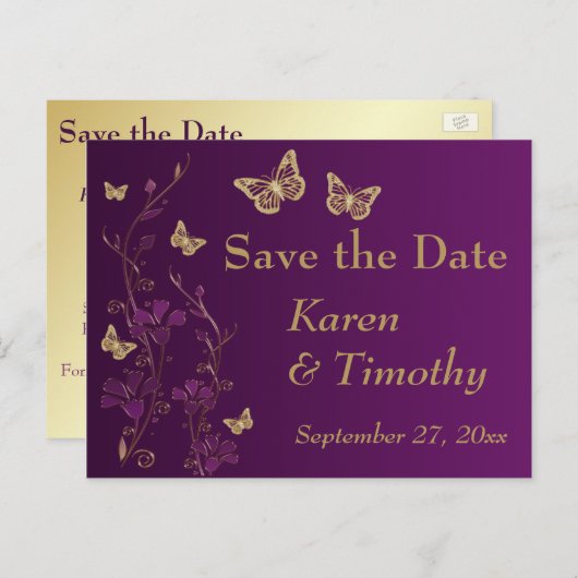 Paarse, Gouden Bloemen, Vlinders Sla de Datum op Aankondigingskaart (Voorkant / Achterkant)