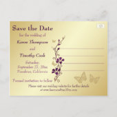 Paarse, Gouden Bloemen, Vlinders Sla de Datum op Aankondigingskaart (Achterkant)