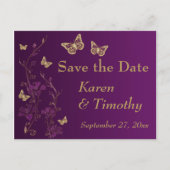 Paarse, Gouden Bloemen, Vlinders Sla de Datum op Aankondigingskaart (Voorkant)