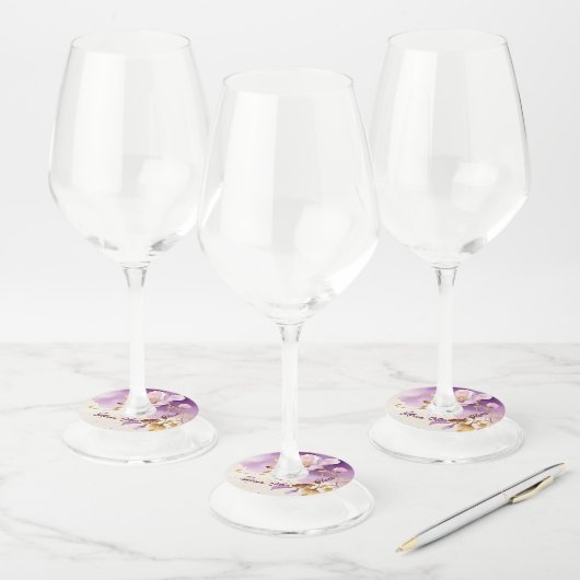  Paarse gouden bloemen Wijnglaslabel (Set)