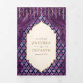 Paarse Gouden Bloemengordijn Indische Hindoe Bruil Drieluik Uitnodiging (Cover)