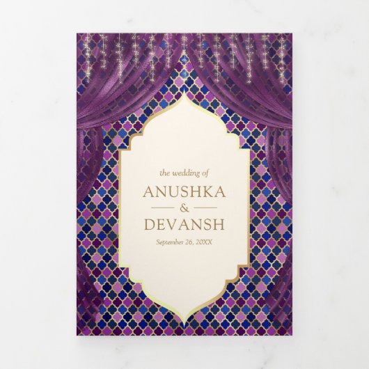 Paarse Gouden Bloemengordijn Indische Hindoe Bruil Drieluik Uitnodiging (Cover)