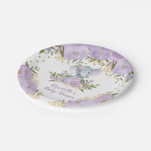 Paarse Gouden Bloemenolifant Baby Meisje Douche Pa Papieren Bordje (Gekanteld)