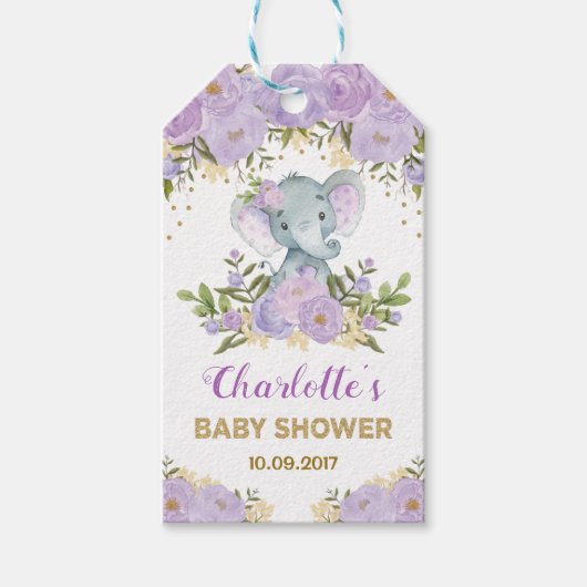 Paarse gouden bloemenolifant Baby shower gunsten Cadeaulabel (Voorkant)