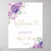 Paarse gouden bloemig baby shower welkom poster (Voorkant)