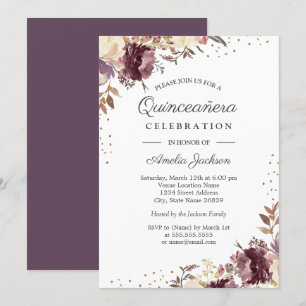 Paarse Gouden Bloemige Aquarel Quinceanera Uitnodi Kaart