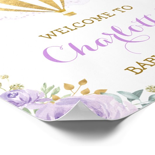 Paarse Gouden Bloemige Heet Lucht Ballon Welkom Ba Poster (Hoek)