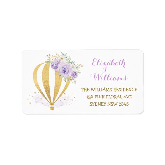 Paarse gouden bloemige heteluchtballon retouradres etiket (Voorkant)