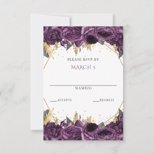 Paarse Gouden Bloemige Prinses Quinceanera RSVP Kaartje (Voorkant)