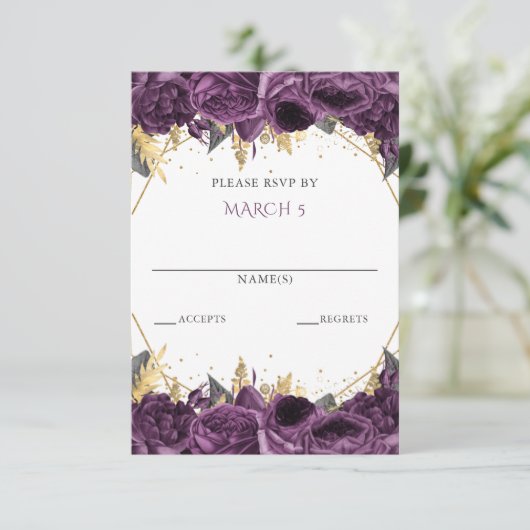 Paarse Gouden Bloemige Prinses Quinceanera RSVP Kaartje (Staand voorkant)