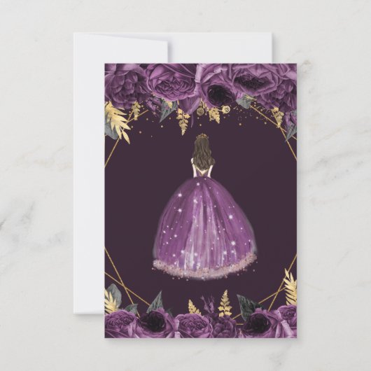 Paarse Gouden Bloemige Prinses Quinceanera RSVP Kaartje (Achterkant)