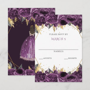 Paarse Gouden Bloemige Prinses Quinceanera RSVP Kaartje