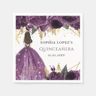 Paarse Gouden Bloemige Prinses Quinceanera  Servet