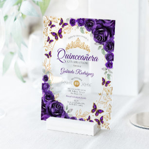 Paarse Gouden Bloemige Quinceanera Acryl Uitnodigingen