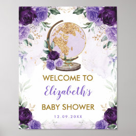 Paarse Gouden Bloemige Reis Avontuur Baby Shower Poster