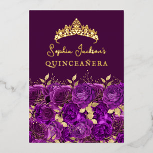 Paarse Gouden Bloemige Roos Quinceanera Folie Uitnodiging