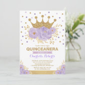 Paarse gouden bloemkroon Confetti Quinceañera Kaart (Staand voorkant)