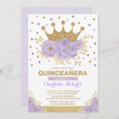 Paarse gouden bloemkroon Confetti Quinceañera Kaart (Voorkant / Achterkant)