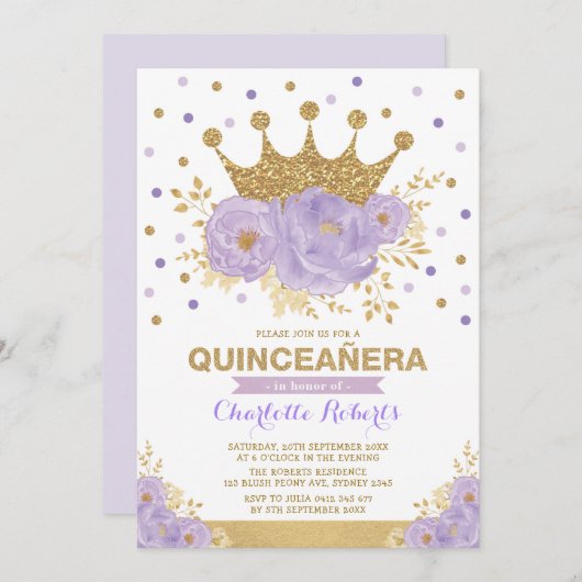 Paarse gouden bloemkroon Confetti Quinceañera Kaart (Voorkant / Achterkant)