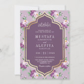 Paarse gouden bloemmoslim bruiloft kaart (Voorkant)