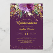Paarse gouden bloemvlinder quinceanera folie uitnodiging (Voorkant)