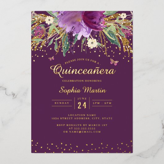 Paarse gouden bloemvlinder quinceanera folie uitnodiging (Voorkant)