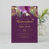 Paarse gouden bloemvlinder quinceanera folie uitnodiging (Staand Voorkant)