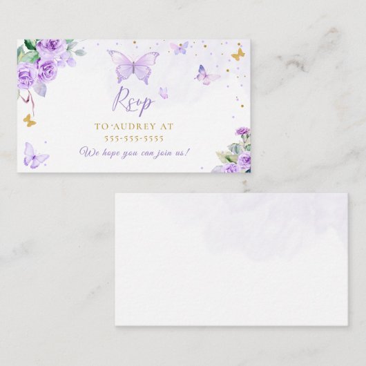 Paarse gouden bloemvlinder RSVP Informatiekaartje (Voorkant / Achterkant)