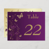 Paarse, gouden bloemvlinders tafelnummer Kaart (Voorkant / Achterkant)
