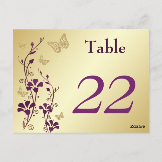 Paarse, gouden bloemvlinders tafelnummer Kaart (Achterkant)