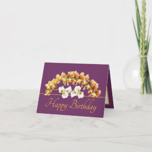 Paarse gouden boeket Orchideeën Lelies Happy Birth Kaart