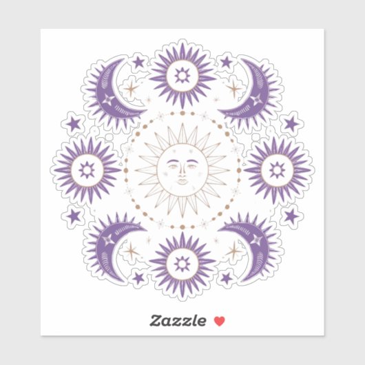 Paarse & Gouden Boho Hemelse Zon & Maan Scrapbook Sticker (Vel)