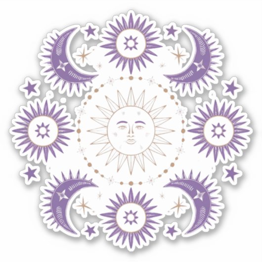 Paarse & Gouden Boho Hemelse Zon & Maan Scrapbook Sticker (Voorkant)