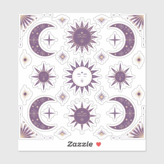 Paarse & Gouden Boho Moon & Sun Celestial Scrapboo Sticker (Vel)