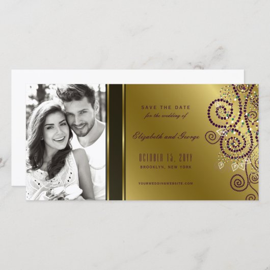 Paarse & gouden boho spiraal Stippen Elegante chiq Save The Date (Voorkant / Achterkant)