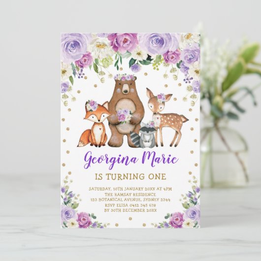 Paarse Gouden Bos Girly Floral Verjaardag Kaart (Staand voorkant)
