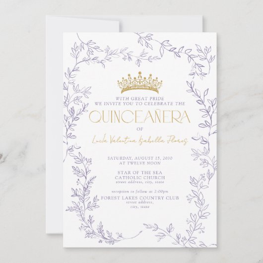 Paarse gouden botanische bloemen QR Quinceañera Kaart (Voorkant)