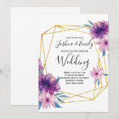 Paarse gouden bruiloft uitnodiging Bloemen uitnodi (Voorkant / Achterkant)